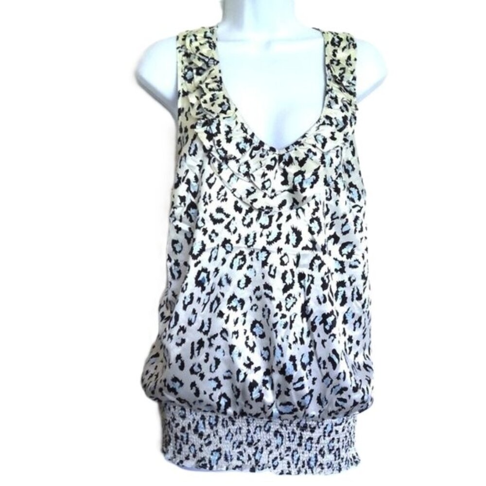 Vertigo Animal Print Racerback Top Ruffled Neckline Stretch Banded Hem EUC Sz M
